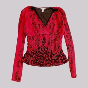 Y2K Dark Red Burnout‎ Damask Babydoll Top Whimsigoth Fairy Long Sleeve Size PM